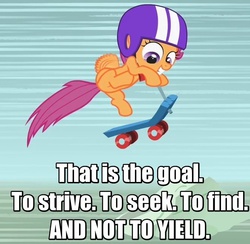 Size: 654x637 | Tagged: safe, scootaloo, g4, alfred tennyson, determination, don't give up, female, flying, image macro, meme, motivational, poetry, quote, scooter, solo, ulysses