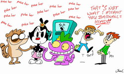 Size: 1024x614 | Tagged: safe, artist:somedoodnamedjack, spike, g4, adventure time, animaniacs, bad pun, bmo, dot warner, dying for pie, male, regular show, rigby (regular show), spongebob squarepants