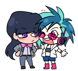 Size: 496x453 | Tagged: safe, artist:re_ghotion, dj pon-3, octavia melody, vinyl scratch, human, g4, blushing, chibi, clothes, heart, humanized, open mouth