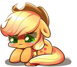 Size: 800x700 | Tagged: safe, artist:sion-ara, applejack, g4, blushing, chibi, colored pupils, crying, cute, female, floppy ears, frown, jackabetes, pouting, prone, sad, solo