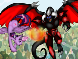 Size: 3284x2509 | Tagged: safe, artist:mangakamen, twilight sparkle, alicorn, demon, dragon, pony, g4, crossover, day, fanfic art, female, fight, fire, flying, high res, mare, picture, ponyville, red demon's dragon, red dragon archfiend, story, twilight sparkle (alicorn), versus, yu-gi-oh!, yu-gi-oh! 5d's