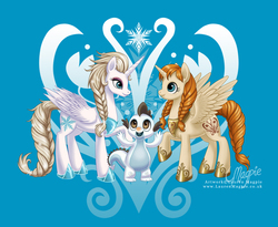 Size: 930x762 | Tagged: dead source, safe, artist:laurenmagpie, alicorn, dragon, pony, anna, dragonified, elsa, frozen (movie), olaf, ponified