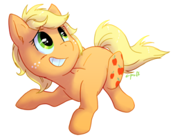 Size: 887x718 | Tagged: safe, artist:c-puff, applejack (g1), pony, g1, g4, cute, female, g1 to g4, generation leap, hatless, jackabetes, missing accessory, prone, simple background, solo, transparent background, who's a silly pony