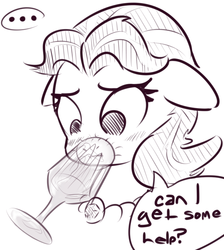 Size: 639x713 | Tagged: safe, artist:nobody, amethyst gleam, ammie thyst, g4, :t, blushing, crystal chalice stand pony, floppy ears, frown, horse problems, monochrome, necklace, solo, stuck, wine glass