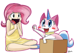 Size: 1050x750 | Tagged: safe, artist:kprovido, fluttershy, human, g4, crossover, duo, humanized, lego, the lego movie, unikitty