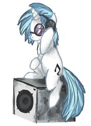 Size: 497x689 | Tagged: dead source, safe, artist:scervo, dj pon-3, vinyl scratch, pony, unicorn, g4, female, headphones, mare, simple background, sitting, solo, speaker, sunglasses, white background