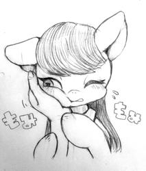 Size: 806x945 | Tagged: safe, artist:ayahana, octavia melody, earth pony, pony, g4, disembodied hand, grayscale, monochrome, squishy cheeks, traditional art