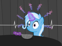 Size: 1200x900 | Tagged: safe, artist:evil-dec0y, trixie, pony, unicorn, g4, bowl, electrocardiogram, female, glowing horn, horn, magic, mare, messy mane, solo, telekinesis