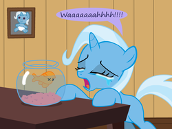 Size: 1200x900 | Tagged: safe, artist:evil-dec0y, trixie, fish, goldfish, pony, unicorn, g4, crying, cute, dead, diatrixes, eyes closed, female, filly, filly trixie, fish bowl, frown, mare, open mouth, pet, sad, solo, table, x eyes, younger