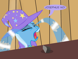 Size: 1200x900 | Tagged: safe, artist:evil-dec0y, trixie, pony, unicorn, g4, crying, death, female, hat, mare, ocular gushers, rock, solo, speech bubble, table, trixie's cape, trixie's hat