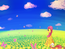 Size: 1200x900 | Tagged: safe, artist:lumineko, angel bunny, fluttershy, butterfly, g4, field, looking up, sitting