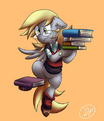 Size: 925x1083 | Tagged: safe, artist:datponypl, derpy hooves, pony, g4, adorkable, balancing, bipedal, book, bottomless, clothes, cute, dork, female, glasses, librarian, meganekko, socks, solo, sweater vest