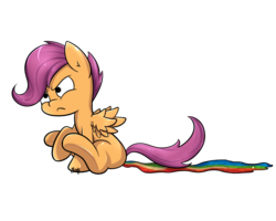 Size: 2500x2000 | Tagged: safe, artist:midnightpremiere, scootaloo, pegasus, pony, g4, dragging, female, high res, poop scoot, solo