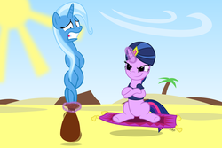 Size: 2250x1500 | Tagged: safe, artist:navitaserussirus, trixie, twilight sparkle, genie, pony, unicorn, g4, :t, desert, female, flying carpet, frown, geniefied, glare, glowing horn, gritted teeth, horn, magic, magic carpet, mare, saddle arabia, sand, smiling, smirk, squishy, sun, turban, twisting, wide eyes, wringing