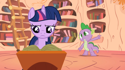 Size: 1365x768 | Tagged: safe, screencap, spike, twilight sparkle, dragon, pony, unicorn, boast busters, g4, my little pony: friendship is magic, female, male, mare