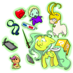 Size: 894x894 | Tagged: safe, artist:midnightpremiere, scootaloo, oc, oc only, oc:lemon party, oc:ramses, alpaca, pegasus, pony, zombie, g4, inspiration manifestation, 3d glasses, allons-y, chibi, cute, doctor who, eleventh doctor, fez, glowing eyes, harry potter (series), hat, loki, magic, magic wand, scootachicken, sherlock, super mario bros., tenth doctor