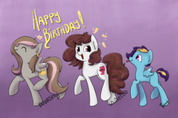 Size: 3000x2000 | Tagged: safe, artist:midnightpremiere, oc, oc only, oc:doodles, oc:little giant, oc:loo, birthday gift, carrot, chibi, crown, cute, happy birthday, high res, parade, trotting