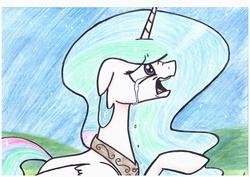 Size: 3510x2488 | Tagged: safe, artist:lrusu, princess celestia, g4, crying, female, high res, sad, solo, traditional art