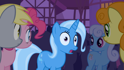 Size: 1365x768 | Tagged: safe, screencap, carrot top, derpy hooves, golden harvest, linky, pinkie pie, shoeshine, trixie, pegasus, pony, boast busters, g4, female, mare