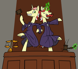 Size: 2472x2205 | Tagged: safe, artist:grandpalove, idw, flam, flim, pony, g4, reflections, spoiler:comic, bipedal, courtroom, dancing, dark mirror universe, duo, equestria-3, eyes closed, flim flam brothers, gavel, grin, high res, hoof hold, magic, mirror universe, open mouth, raised leg, smiling, telekinesis, underhoof