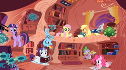 Size: 4000x2240 | Tagged: safe, artist:anarchemitis, applejack, fluttershy, pinkie pie, rainbow dash, rarity, spike, twilight sparkle, alicorn, dragon, earth pony, pegasus, pony, unicorn, g4, book, coloring, female, golden oaks library, mane seven, mane six, mare, nachos, reading, twilight sparkle (alicorn)