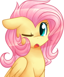 Size: 532x644 | Tagged: safe, artist:littlepinkalpaca, fluttershy, g4, bed mane, female, solo, wink