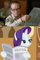 Size: 450x680 | Tagged: safe, edit, edited screencap, screencap, rarity, human, pony, unicorn, g4, ponyville confidential, comparison, eyeshadow, female, glasses, horn, human male, implied facehoof, implied facepalm, irl, irl human, makeup, male, mare, newspaper, no country for old men, photo, tommy lee jones