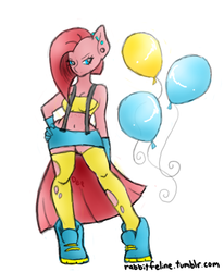 Size: 412x499 | Tagged: safe, artist:bunnycat, pinkie pie, earth pony, anthro, g4, balloon, clothes, female, piercing, pinkamena diane pie, skirt, solo, stockings, suspenders