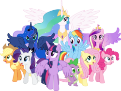 Size: 3980x3000 | Tagged: dead source, safe, artist:theshadowstone, applejack, fluttershy, pinkie pie, princess cadance, princess celestia, princess luna, rainbow dash, rarity, spike, twilight sparkle, alicorn, dragon, earth pony, pegasus, pony, unicorn, g4, colored wings, female, gradient wings, high res, looking at you, mane seven, mane six, mare, open mouth, simple background, smiling, spread wings, transparent background, twilight sparkle (alicorn), vector, wings