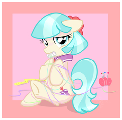 Size: 2619x2573 | Tagged: safe, artist:xwhitedreamsx, coco pommel, earth pony, pony, g4, blushing, cocobetes, cute, daaaaaaaaaaaw, embarrassed, female, floppy ears, high res, hnnng, looking at you, mare, measuring tape, mouth hold, pincushion, rainbow thread, sitting, solo, stuck, tangled up, thread, underhoof