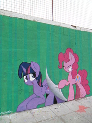 Size: 2448x3264 | Tagged: safe, artist:shinodage, pinkie pie, twilight sparkle, alicorn, earth pony, pony, g4, :o, breaking the fourth wall, eyes closed, female, fourth wall, graffiti, grin, high res, hoof hold, mare, photo, pinkie being pinkie, smiling, twilight sparkle (alicorn)