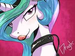 Size: 550x414 | Tagged: safe, artist:dragk, princess celestia, bedroom eyes, collar, female, femsub, leash, licking lips, looking at you, pet play, portrait, smiling, solo, sublestia, submissive, tongue out