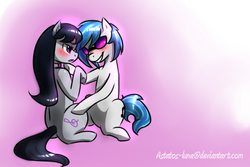 Size: 1024x683 | Tagged: safe, artist:astatos-luna, dj pon-3, octavia melody, vinyl scratch, g4, blushing, female, lesbian, ship:scratchtavia, shipping