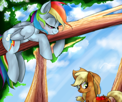 Size: 3000x2500 | Tagged: safe, artist:misspolycysticovary, applejack, rainbow dash, earth pony, pegasus, pony, g4, apple, bedroom eyes, duo, female, food, high res, in a tree, lesbian, ship:appledash, shipping, shy, tree