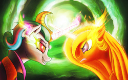 Size: 1920x1200 | Tagged: safe, artist:shydale, idw, princess celestia, pony, g4, reflections, spoiler:comic, duel, duo, evil celestia, evil counterpart, eye mist, face to face, horn, horns are touching, mirror universe, prime celestia