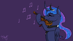 Size: 1250x703 | Tagged: safe, artist:midnightsix3, princess luna, pony, lunadoodle, g4, bipedal, female, music, music notes, musical instrument, solo, violin