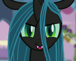 Size: 586x470 | Tagged: safe, screencap, queen chrysalis, changeling, changeling queen, a canterlot wedding, g4, season 2, animated, close-up, evil grin, female, gif, grin, lidded eyes, looking at you, open mouth, out of context, rapeface, reverse loop, smiling, solo