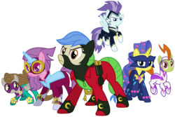 Size: 7500x5000 | Tagged: safe, artist:90sigma, artist:lucefudu, fili-second, mistress marevelous, radiance, saddle rager, zapp, pony, g4, absurd resolution, flying, frown, glare, gritted teeth, looking at you, masked matter-horn costume, nervous, pose, power ponies, raised hoof, recolor, simple background, smiling, spread wings, svg, transparent background, vector
