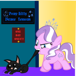 Size: 1014x1013 | Tagged: safe, artist:magerblutooth, diamond tiara, oc, oc:dazzle, cat, g4, animal abuse, tail bite