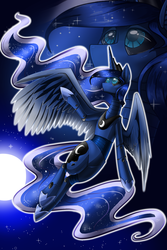 Size: 1280x1920 | Tagged: safe, artist:skyrore1999, princess luna, robot, g4, female, flying, looking up, lunabotic, moon, night, princess lunabot, solo