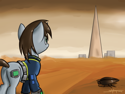 Size: 1000x750 | Tagged: safe, artist:shikogo, oc, oc only, oc:littlepip, insect, pony, radroach, unicorn, fallout equestria, butt, clothes, cutie mark, dock, fanfic, fanfic art, female, horn, jumpsuit, mare, pipbuck, plot, solo, stare, tower, vault suit, wasteland