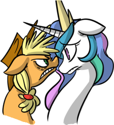 Size: 263x289 | Tagged: safe, artist:fauxsquared, applejack, princess celestia, g4, angry, colored, colored sketch, eye contact, floppy ears, frown, glare, gritted teeth, lip bite, long neck, nervous, sketch