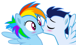 Size: 1165x686 | Tagged: safe, artist:mrbrandonmac, rainbow dash, soarin', g4, alternate hairstyle, blushing, eyes closed, female, kissing, male, ship:soarindash, shipping, straight, surprise kiss, surprised