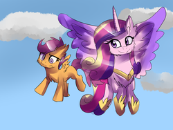 Size: 800x600 | Tagged: safe, artist:strawberry-pannycake, princess cadance, scootaloo, g4, cloud, cloudy, fluffy, scootaloo can fly, sky