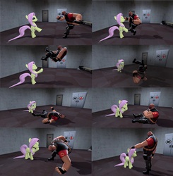 Size: 1226x1252 | Tagged: safe, fluttershy, pony, g4, 3d, bipedal, comic, fail, gmod, heavy weapons guy, love & war update, team fortress 2