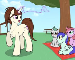 Size: 999x799 | Tagged: safe, artist:drawponies, oc, oc only, bird, pegasus, pony, unicorn, comic, drawing, grin, magic, necklace, open mouth, raised hoof, sitting, smiling, story time, watching