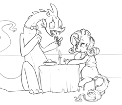 Size: 1024x876 | Tagged: safe, artist:anonymous, rarity, spike, g4, bowtie, cute, eating, female, laughing, male, monochrome, older, older spike, open mouth, sharp teeth, ship:sparity, shipping, sitting, smiling, spaghetti, straight, table, tongue out, wide eyes, wink