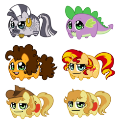 Size: 1600x1634 | Tagged: safe, artist:linamomoko, braeburn, cheese sandwich, spike, sunset shimmer, zecora, pony, unicorn, zebra, g4, chibi, potato, simple background, transparent background