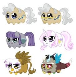 Size: 1600x1634 | Tagged: safe, artist:linamomoko, discord, fleur-de-lis, gilda, maud pie, mayor mare, draconequus, earth pony, griffon, pony, unicorn, g4, :3, chibi, chubbie, cute, discute, fleurabetes, gildadorable, maudabetes, mayorable, potato, simple background, spread wings, transparent background