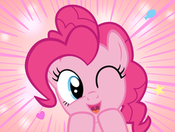 Size: 1600x1200 | Tagged: safe, artist:s.guri, pinkie pie, g4, americano exodus, cute, diapinkes, female, happy, heart, looking at you, open mouth, parody, smiling, solo, stars, uvula, vector, wink